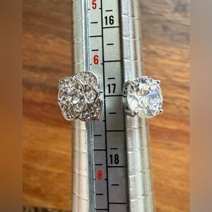 Elegant Silver Tone Clear Glass Floral and Solitaire Ring Multiple Sizes Flower